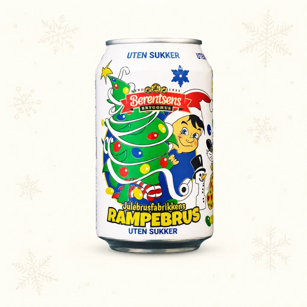 Boks med Julebrusfabrikkens Rampebrus uten sukker, dekorert med juletre, rampenisse og snømann