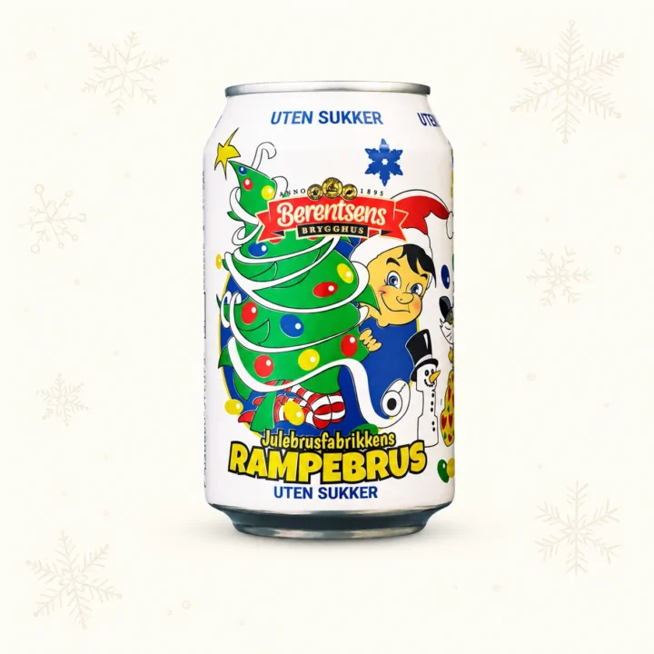 Boks med Julebrusfabrikkens Rampebrus uten sukker, dekorert med juletre, rampenisse og snømann