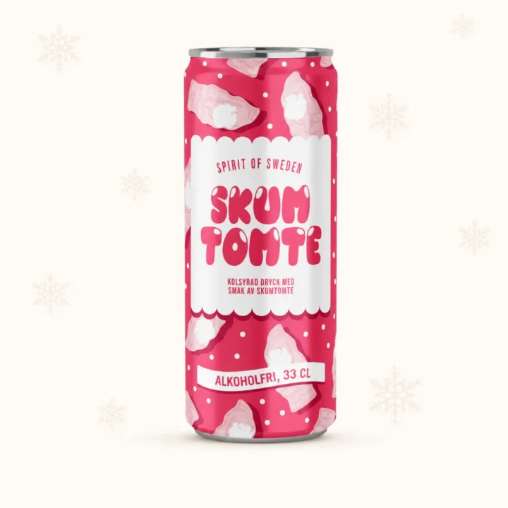 Rosa boks med Spirit of Sweden Skumtomte, en alkoholfri kullsyreholdig drikk med smak av skumtomte