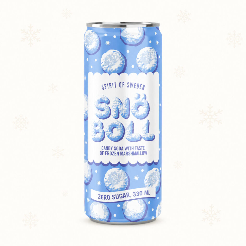 Blå boks med Spirit of Sweden Snöboll, en sukkerfri godteribrus med smak av frossen marshmallow
