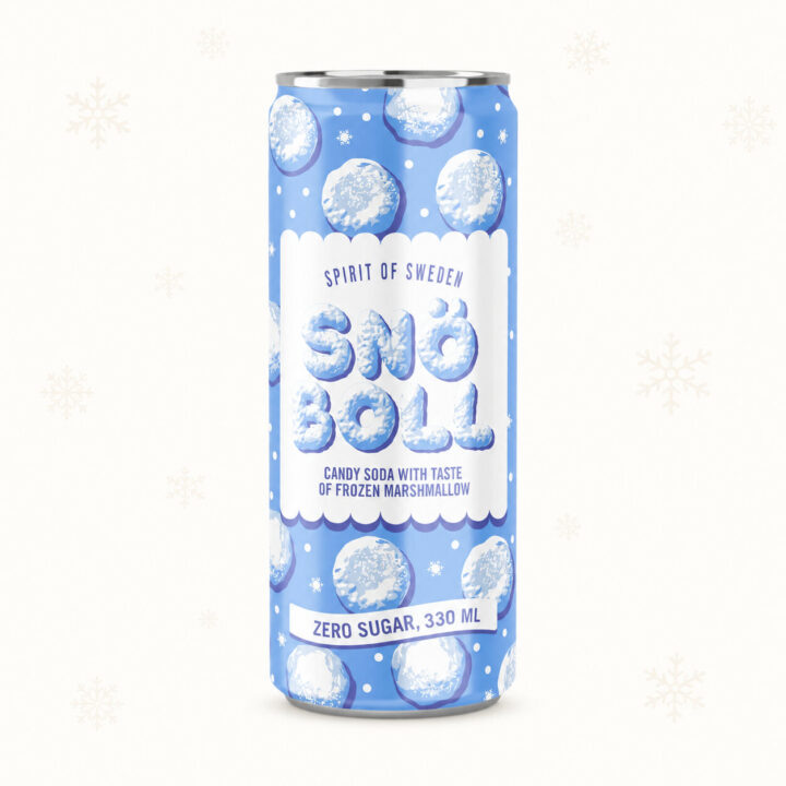 Blå boks med Spirit of Sweden Snöboll, en sukkerfri godteribrus med smak av frossen marshmallow