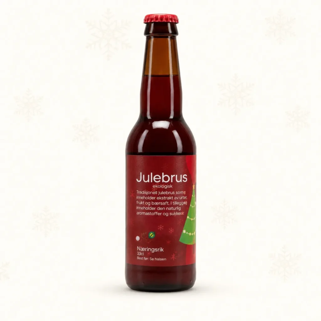 Flaske med rød håndlaget julebrus og rød etikett