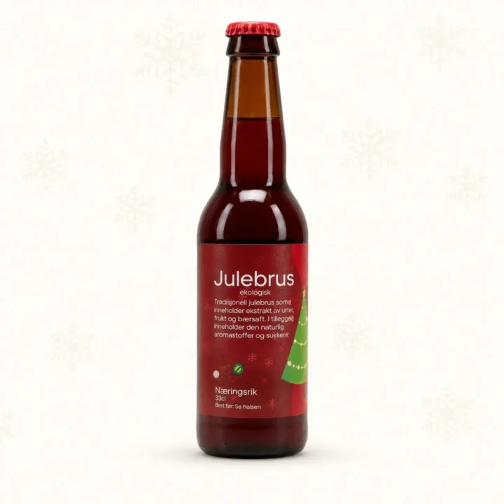 Flaske med rød håndlaget julebrus og rød etikett